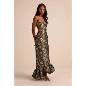 Lulu's Olive Floral Strapless Cutout Maxi with Ruffle Hem